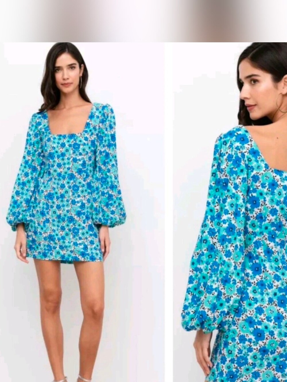 Yumi Kim Groovy Seaside Audrina Balloon Sleeve Blue Floral Mini Dress Size 10